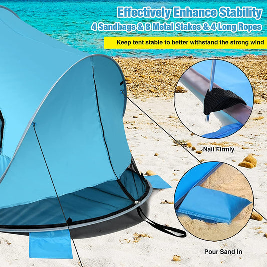 3-4 Person Pop Up Beach Tent, Portable Instant Beach Sun Shade Shelter w/UPF 50+ UV Protection - GoplusUS