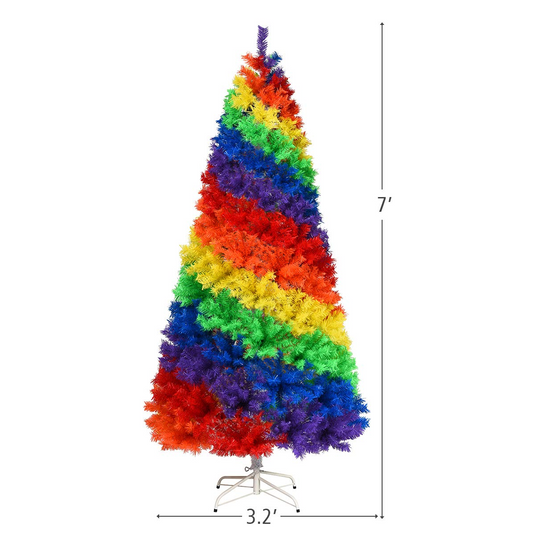 Goplus 7FT Colorful Rainbow Full Fir Christmas Tree, Artificial Hinged Christmas Tree w/Solid Metal Stand - GoplusUS