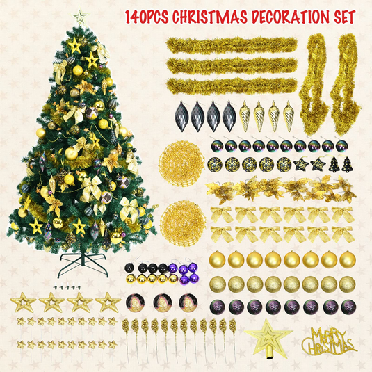 Goplus 7.5FT Pre-Lit Christmas Tree, Artificial Xmas Tree w/ 140 Golden Ornaments, 250 Replaceable LED Lights & 1100 Branch Tips - GoplusUS
