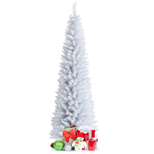 5FT / 6FT / 7FT Pencil Christmas Tree, Artificial Slim White Christmas Tree - GoplusUS