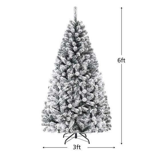 6FT/9FT  Snow Flocked Christmas Tree, Hinged Pine Tree - GoplusUS