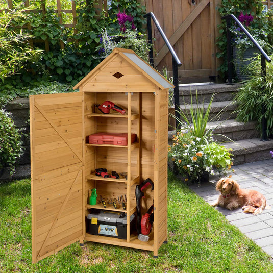 Outdoor Storage Shed, Lockable Fir Wood Garden Tool Storage Cabinet - GoplusUS