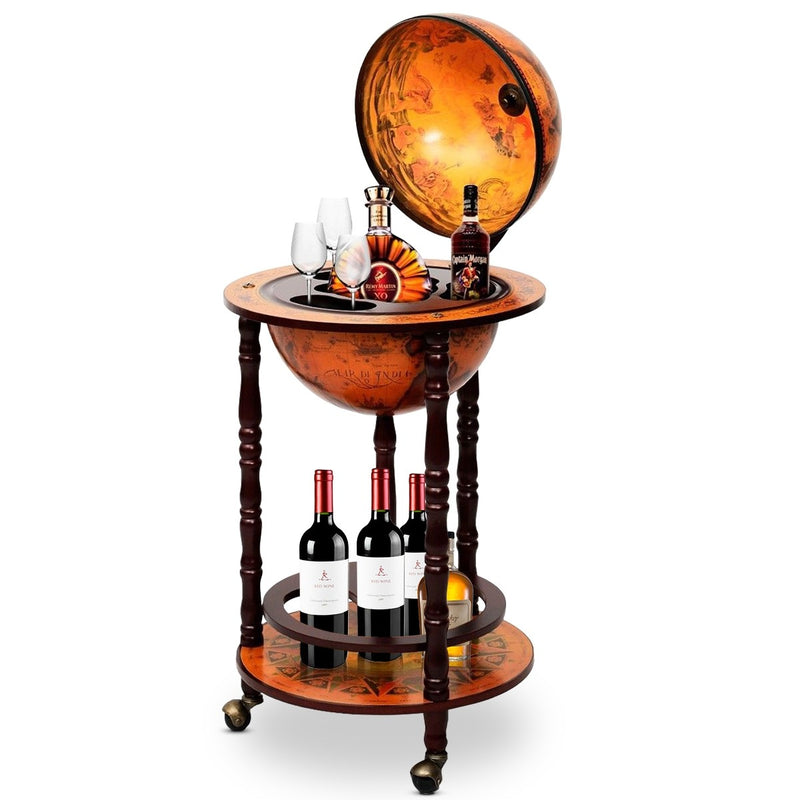 Load image into Gallery viewer, 17&quot; Wood Globe Wine Bar Stand 16th Century Italian Rack Liquor Bottle Shelf with Wheels - GoplusUS
