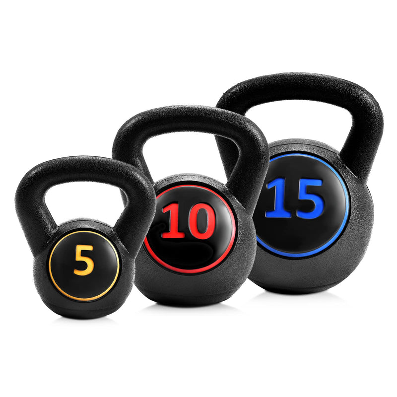 Load image into Gallery viewer, 3 Pieces Kettlebell Set, 5, 10, 15 lbs HDPE Coated Concrete Fitness Kettle Bells - GoplusUS
