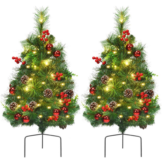 Goplus Set of 2 Pathway Christmas Trees, 2FT Pre-Lit Artificial Xmas Trees - GoplusUS