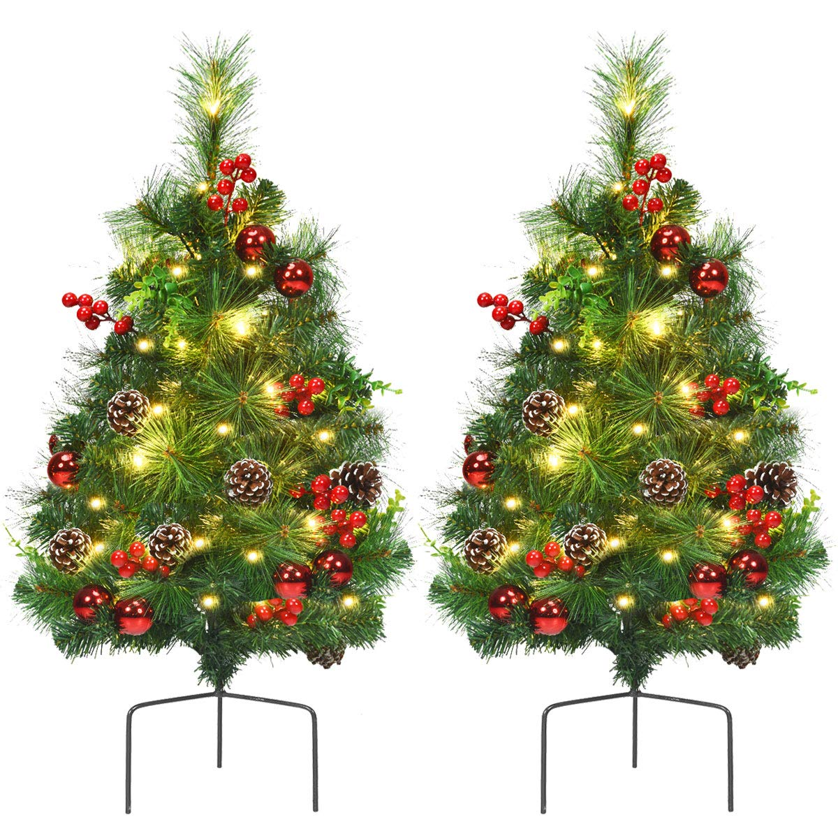 Goplus Set of 2 Pathway Christmas Trees, 2FT Pre-Lit Artificial Xmas Trees - GoplusUS