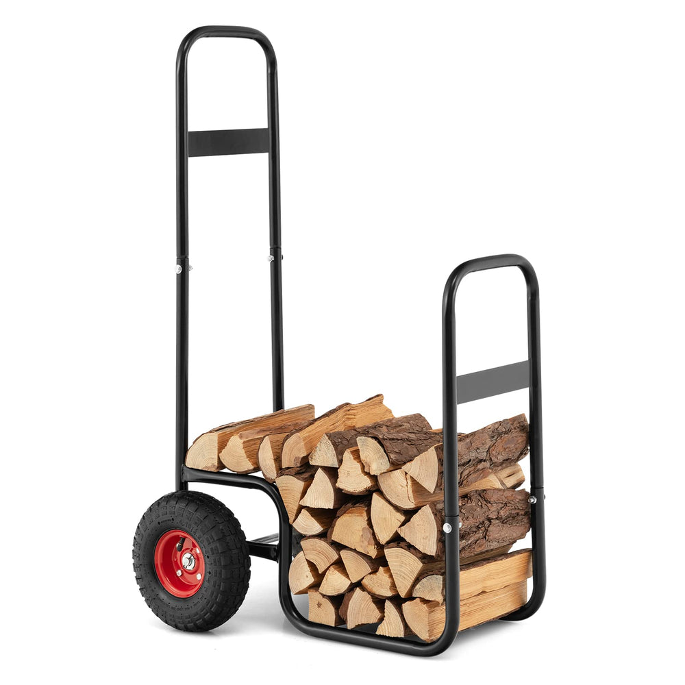 Goplus Firewood Log Cart, Outdoor Indoor Firewood Rack Storage Mover with Wear-Resistant Rubber Wheels - GoplusUS