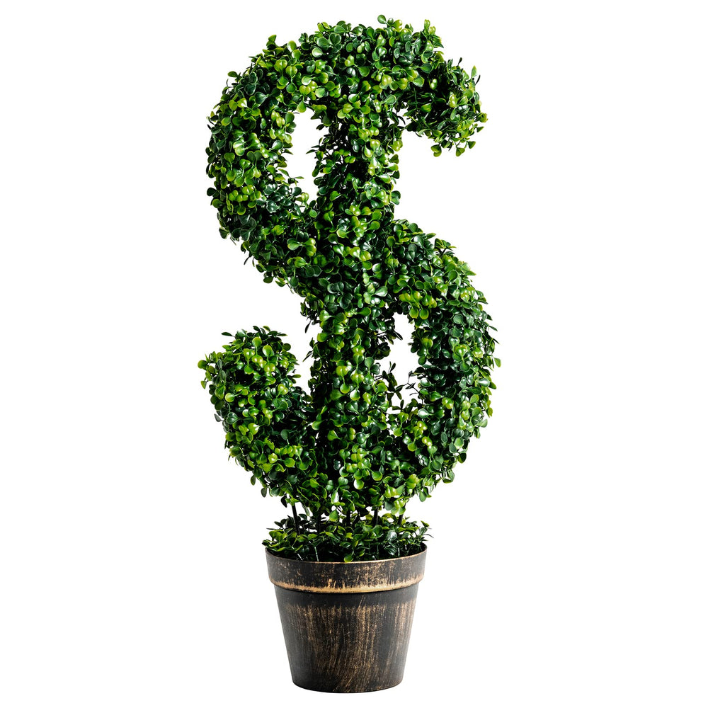 24.5" Artificial Boxwood Topiary Tree, Dollar-Shaped Fake Greenery Plant W/Cement-Filled Plastic Pot, Moss - GoplusUS