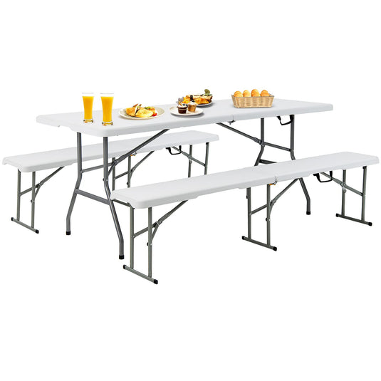 Goplus 6 FT 3-Piece Portable Picnic Table Bench Set, Weather-Resistant Plastic Folding Picnic Tables with Benches