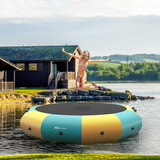 Inflatable Water Trampoline, 10FT/12FT/15FT Recreational Water Bouncer w/ Electric Inflator, Rope Ladder - GoplusUS