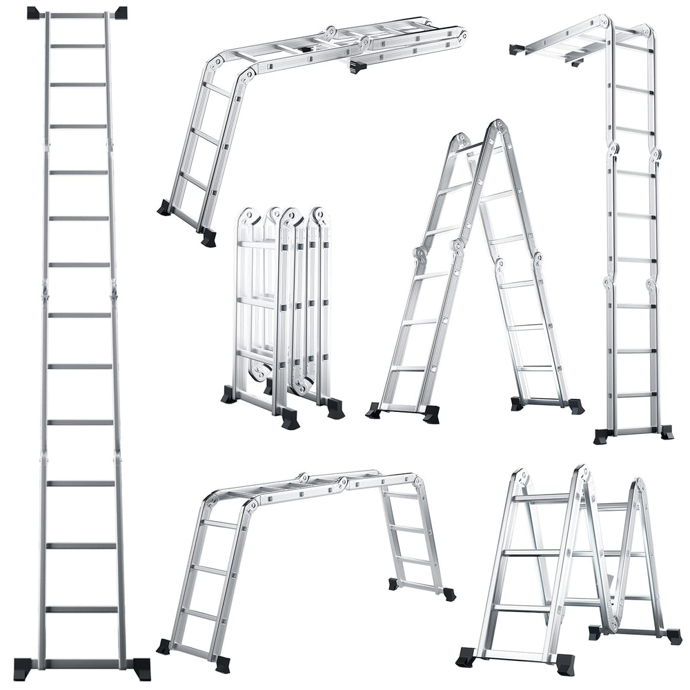 Goplus 12.2 FT Folding Step Ladder, 7-in-1 Multiposition Aluminium Extension Ladder with Reinforced Stabilizer Bar & Non-Slip Foot Pads - GoplusUS
