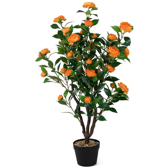 Goplus 40" Artificial Camellia Tree, Flower Plants Artificial Tree, Faux Floral Plant