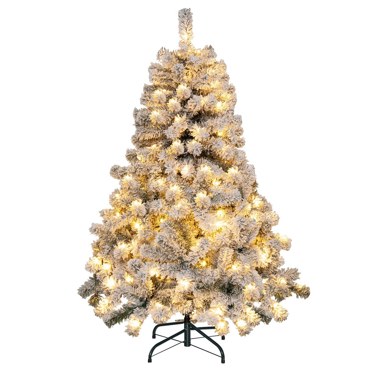 Goplus 4.5 FT Pre-Lit Snow Flocked Christmas Tree, Artificial Hinged Xmas Tree W/ 150 LED Lights - GoplusUS