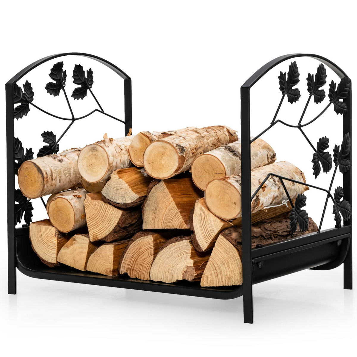 Goplus 19" Small Firewood Rack, Indoor and Outdoor Decorative Firewood Storage Carrier Log Rack with Elegant Leaf Patterns & Raised Legs - GoplusUS