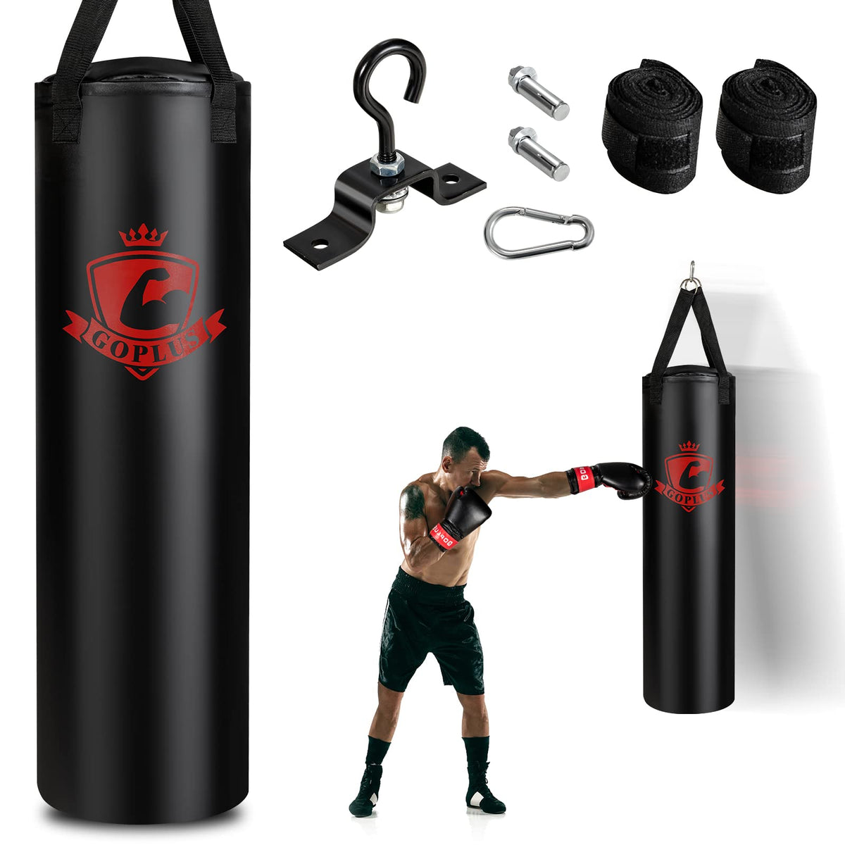 Goplus Punching Bag for Adults, 63LBS Filled Hanging Boxing Bag Set with 12OZ Boxing Gloves & 95" Hand Wraps - GoplusUS