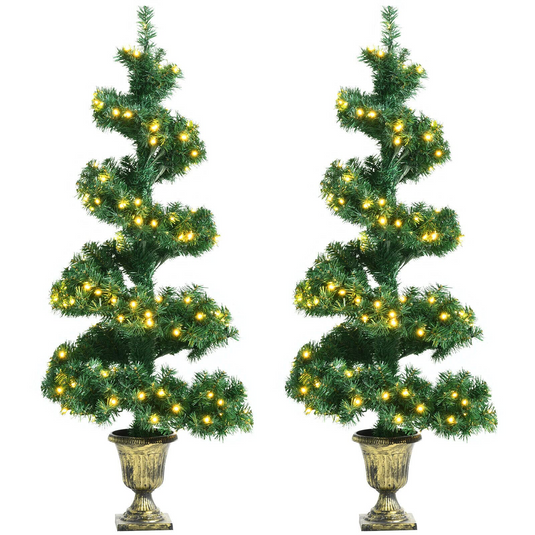 Goplus 4ft Pre-Lit Christmas Tree for Entrances, 2 Pack Artificial Spiral Topiary Tree with 150 LED Lights - GoplusUS