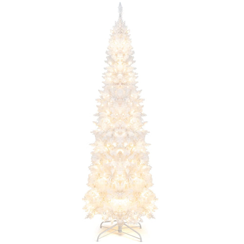 Goplus 7ft White Pre-Lit Pencil Christmas Tree, Artificial Hinged Slim Tree with 800 Tips, 300 Warm White Lights - GoplusUS