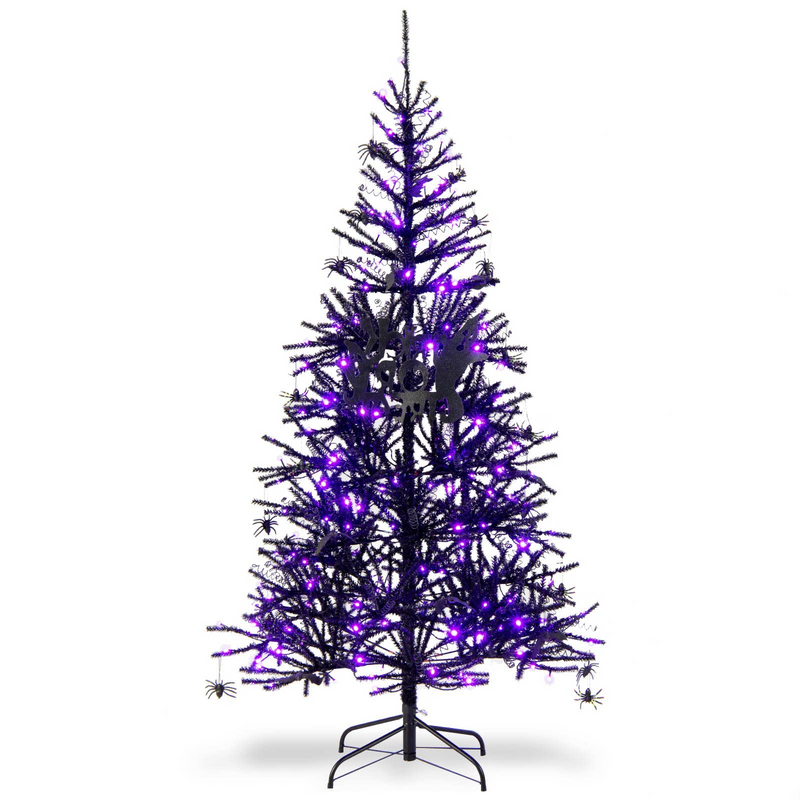 Load image into Gallery viewer, Goplus 6ft Pre-lit Black Halloween Tree, Hinged Artificial Christmas Tree w/ 250 Purple LED Lights - GoplusUS
