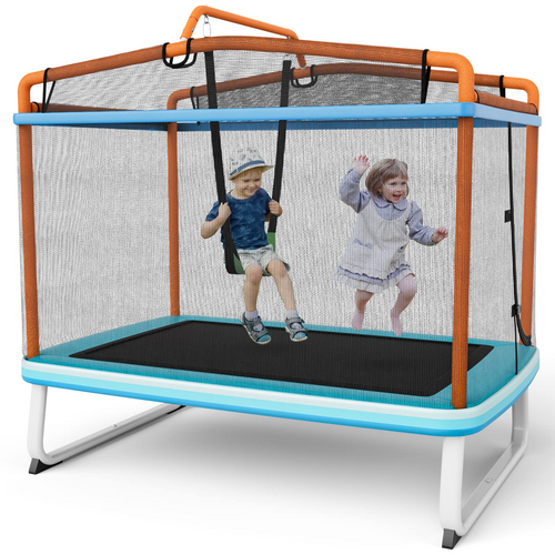 Goplus 3-in-1 6FT Kids Trampoline with Swing and Horizontal Bar, Mini Toddler Trampoline w/ Enclosure Safety Net - GoplusUS