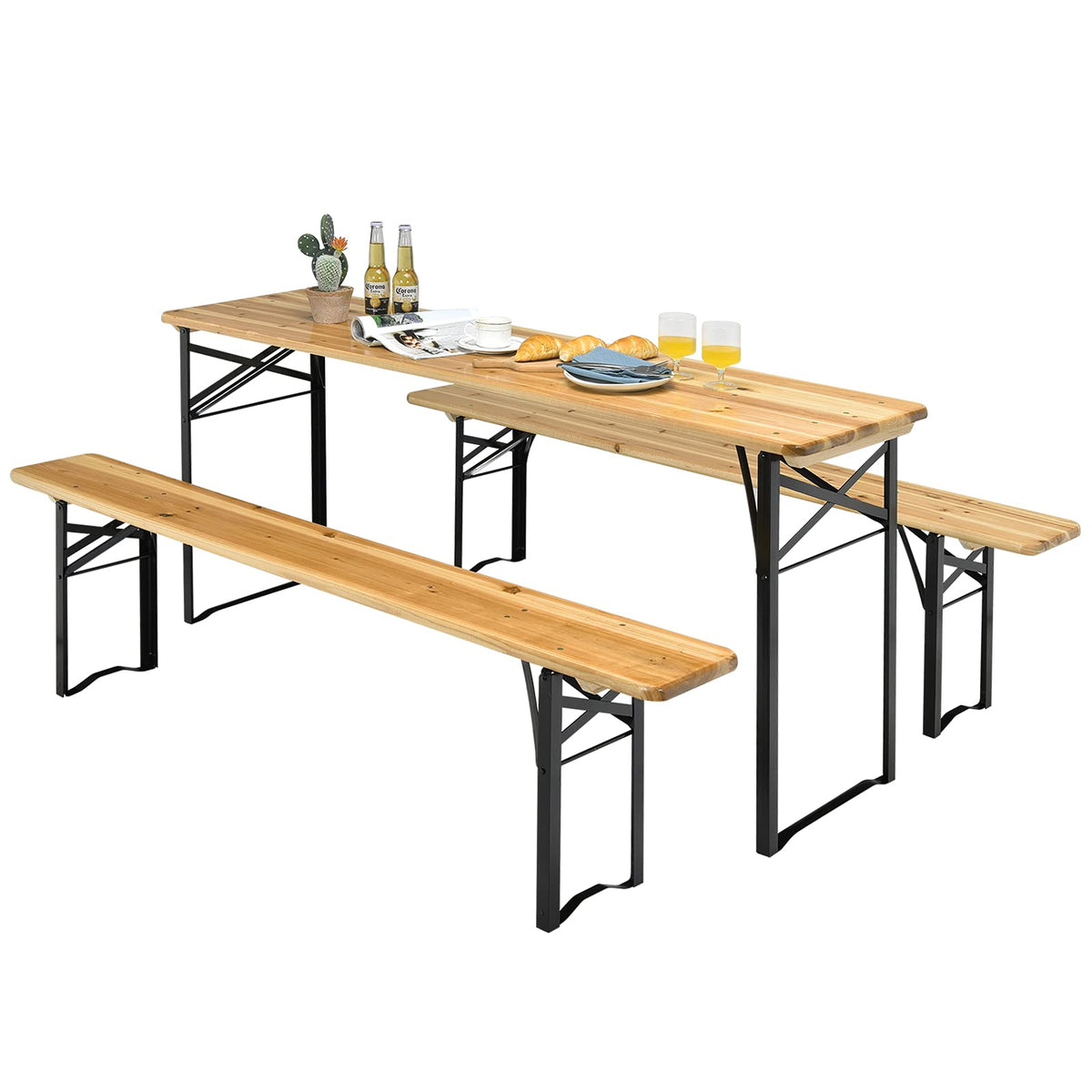 Goplus 70" 3-Piece Portable Folding Picnic Table Bench Set, Portable Picnic Beer Table w/Wooden Tabletop