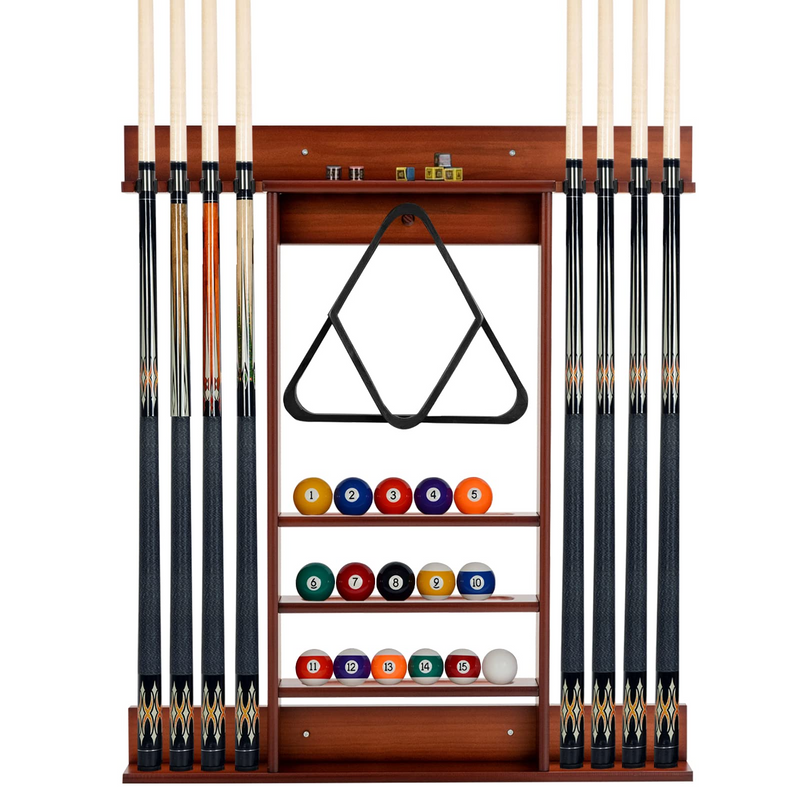 Wall Mounted Dark Brown Wood Pool Cue Stick Holder Rack for 6 Cues with  Billiard Ball Storage Shelf, 3-Piece Set