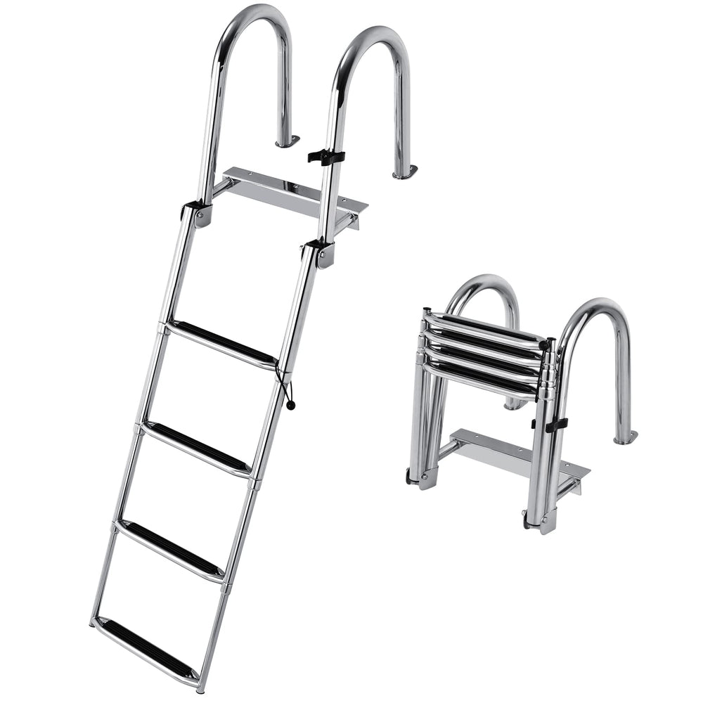 4-Step Boat Ladder, Folding Telescoping Pontoon Ladder with Pedal Handrail for Boat Yacht Dock - GoplusUS