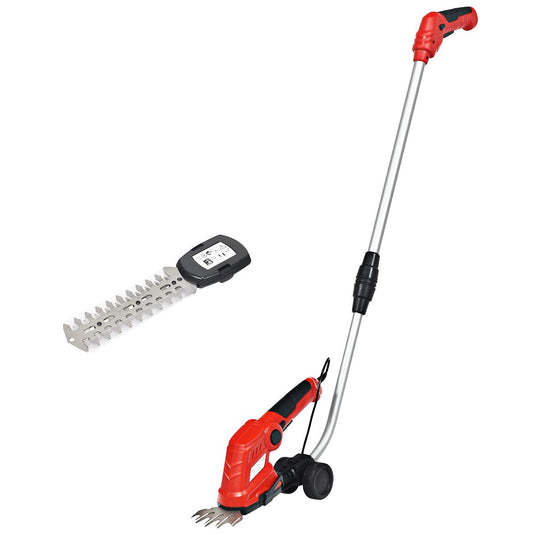7.2V Cordless Grass Shear + Hedge Trimmer w/Wheeled Extension Pole and Rechargeable Battery - GoplusUS