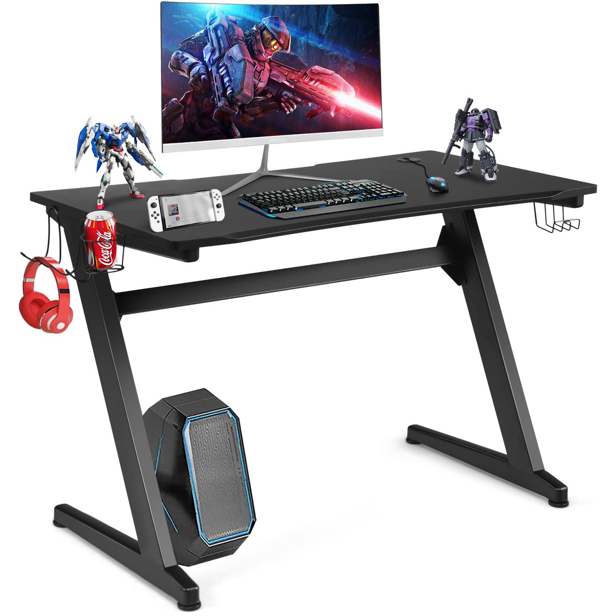 Goplus 45.5 Gaming Desk, Z Shaped Racing Game Table with Carbon Fiber Surface, Mouse Mat - GoplusUS