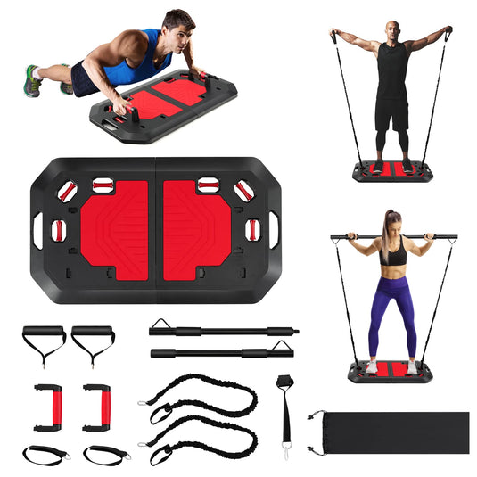 Goplus 34 Inch Push up Board, Portable Home Gym with Elastic Bands, Push up Stand Handles