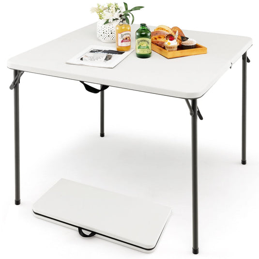 Goplus 34" Square Folding Table, Foldable Plastic Card Table, Portable Fold Up Table w/Handle, White Outdoor Utility Bi-Folding Commercial Table for Picnic - GoplusUS