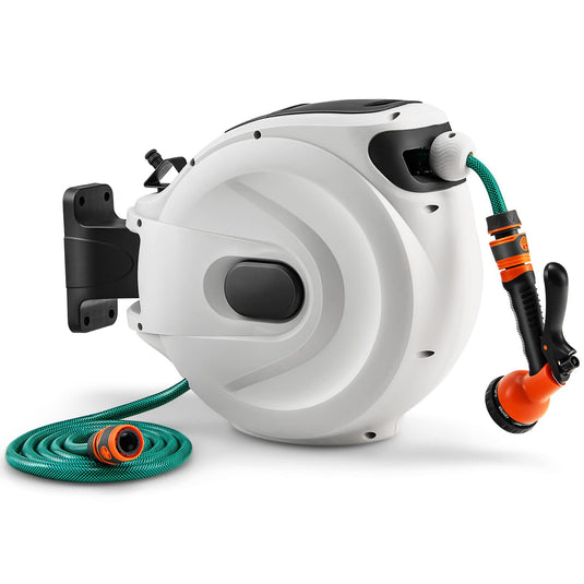 Goplus Retractable Garden Hose Reel, 1/2 x 52.5 ft Wall Mounted Hose Reel with Auto Rewind, 104.5 ft