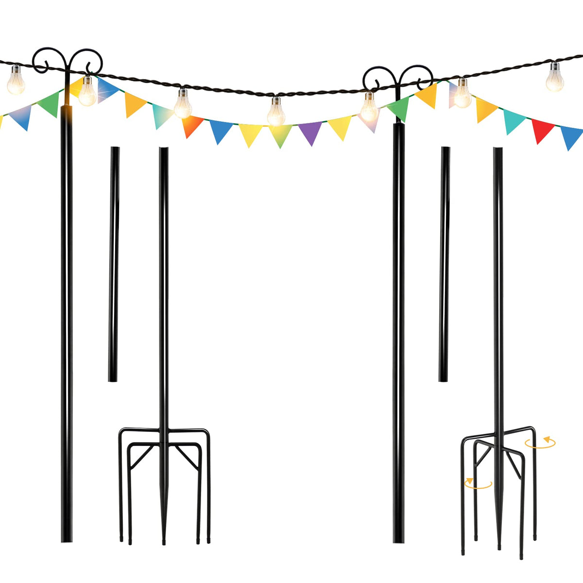 Goplus String Light Pole for Outside, 2 Pack 8ft / 10 ft Outdoor Metal Poles with Hooks for Hanging String Lights - GoplusUS