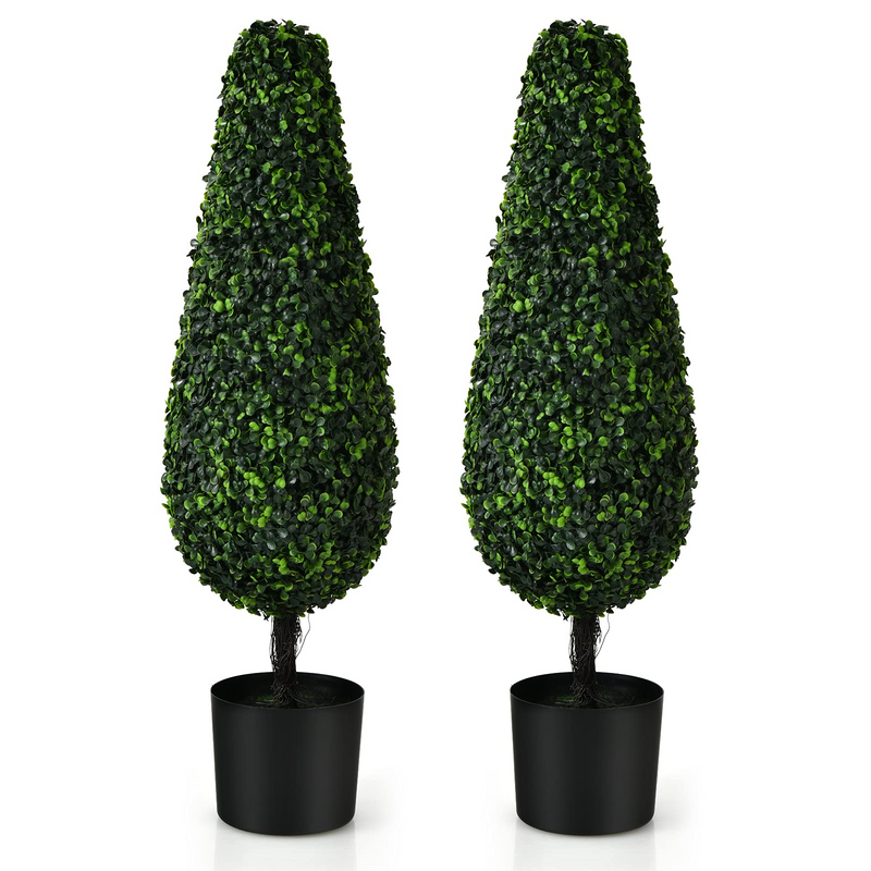 Load image into Gallery viewer, Goplus 3ft Artificial Boxwood Tower Topiary Trees, 2 Pack Faux Decorative Plants in Cement-Filled Plastic Pot - GoplusUS
