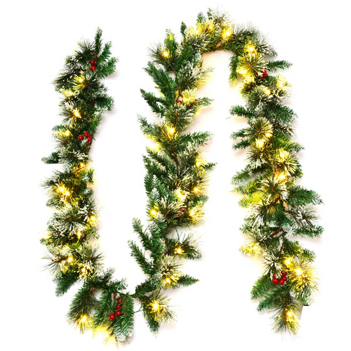 Goplus 9FT Pre-lit Christmas Garland, Artificial Christmas Pine Rattan w/Timer - GoplusUS