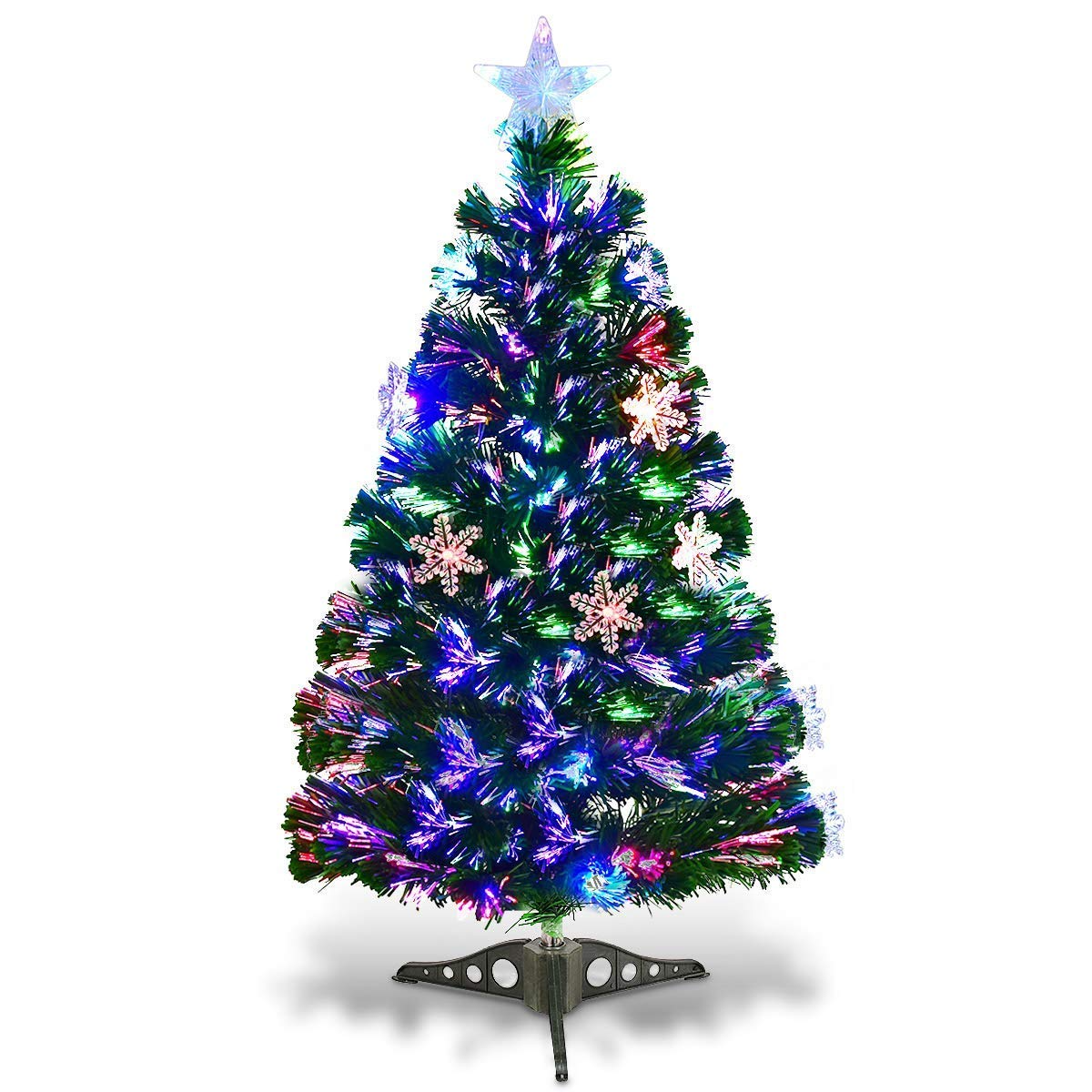 Artificial Pre-Lit Christmas Tree Fiber Optic Tree with Metal Stand, Xmas Tree for Holiday Decor - GoplusUS