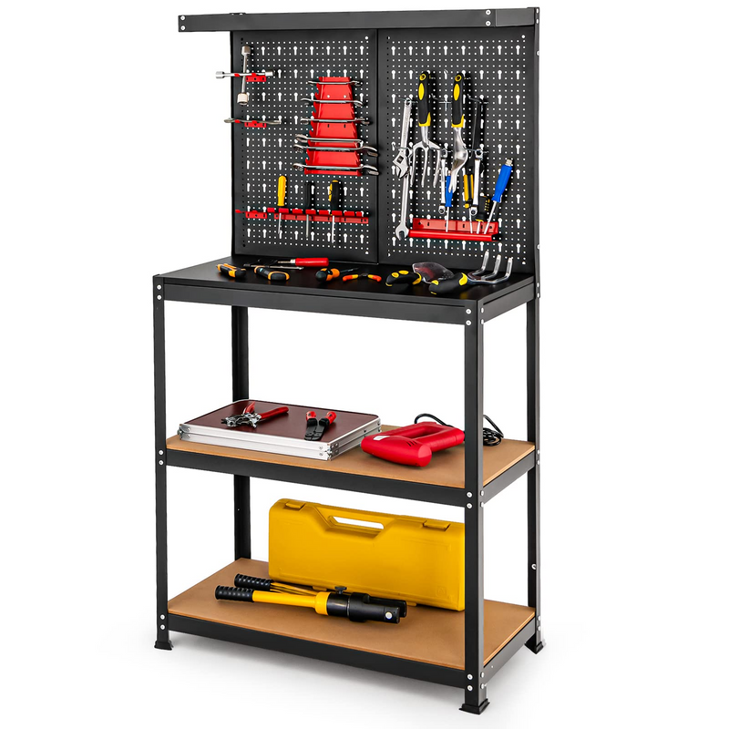 Load image into Gallery viewer, Goplus Workbench with Pegboard, Heavy-Duty Steel Tool Table with 2 Open Shelves, 13 Hanging Accessories Included - GoplusUS
