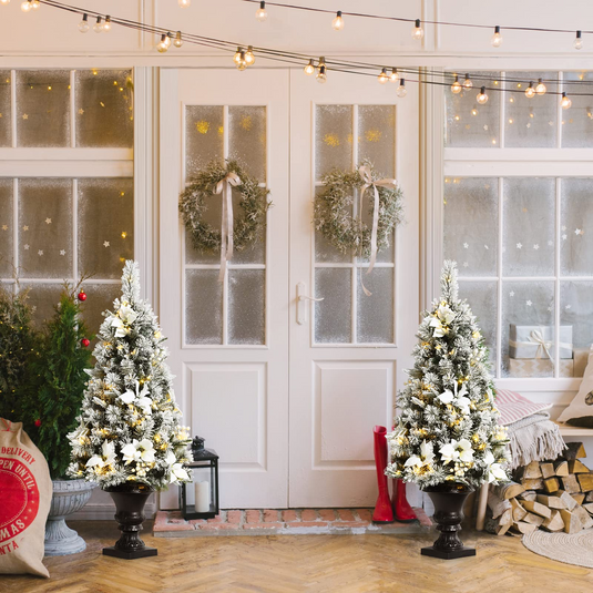 Goplus Flocked White Christmas Tree for Entrances, Pre-lit Artificial Xmas Tree w/ Warm White LED Lights - GoplusUS