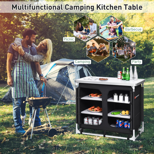 Goplus Camping Table with Storage, Aluminum Portable Camp Kitchen Cabinet Table with Carrying Bag - GoplusUS