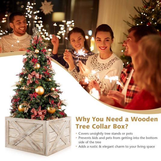 Goplus Wooden Tree Collar Box, 100% Solid Wood Farmhouse Tree Box, Rustic Christmas Tree Skirt - GoplusUS