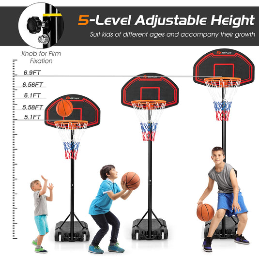 Goplus Portable Basketball Hoop Outdoor, 6.3FT-8.1FT Height Adjustable 5-Level Basketball Stand System with Shatterproof Backboard - GoplusUS