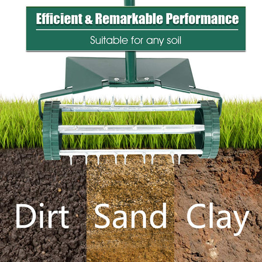 Lawn Aerator 18-inch Garden Yard Rotary Push Tine Heavy Duty Spike Soil Aeration, 40.5-in Handle (Green w/Fender) - GoplusUS