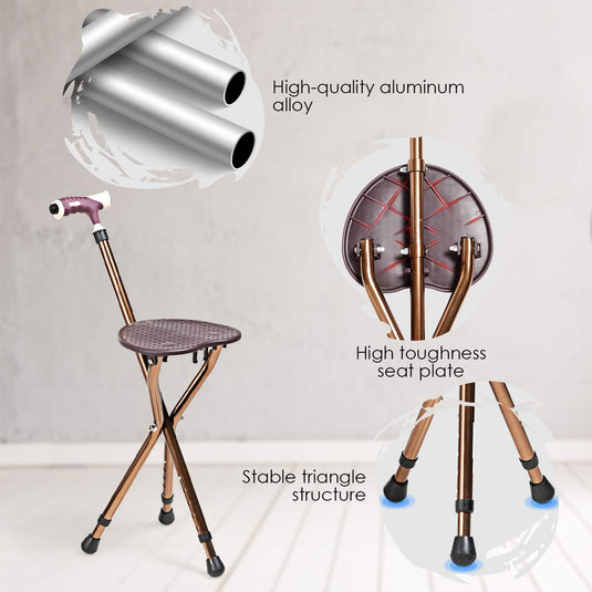 Adjustable Folding Cane Seat, Aluminum Alloy Crutch Chair with LED Light and Retractable 3 Legs - GoplusUS