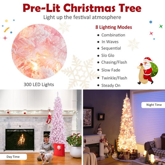 Goplus 7ft Pre-Lit Pencil Christmas Tree, Snow Flocked Artificial Slim ...