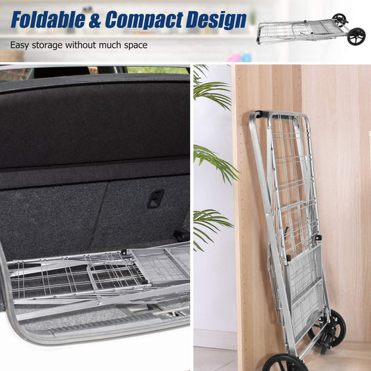 Folding Shopping Cart, Jumbo Double Basket Utility Grocery Cart 330lbs Capacity with 360 degree Rolling Swivel Wheels - GoplusUS