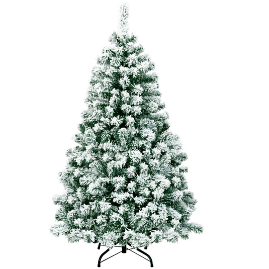 Goplus 4.5ft / 6 ft / 7.5ft Artificial Snow Flocked Christmas Tree, Pre-Lit Snowy Hinged Xmas Tree with Led Lights and Metal Stand - GoplusUS