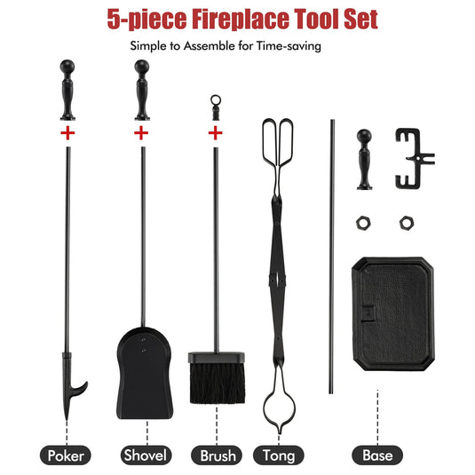 Goplus 5-Piece Fireplace Tools Set, Heavy Duty Steel Fireplace Tools with Poke, Shovel, Fire-resistant Palm Brush, Tong,Stand - GoplusUS