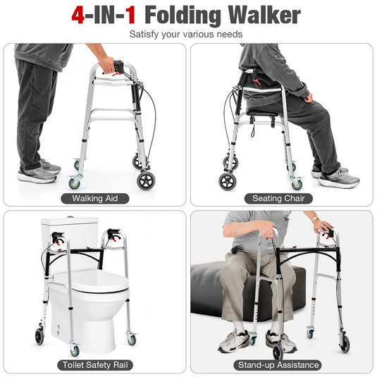 2-Button Folding Walkers for Seniors, 4-in-1 Folding Walker - Goplus
