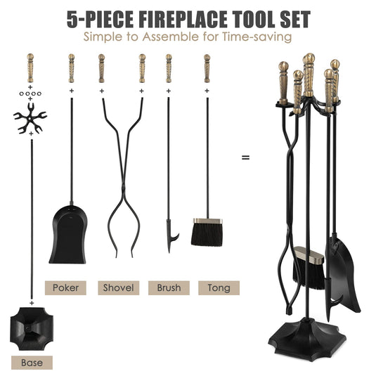Goplus Fireplace Tool Set, Outdoor Modern Fireplace Tools with Poker, Shovel, Fire-Resistant Brush, Tong, Stand - GoplusUS