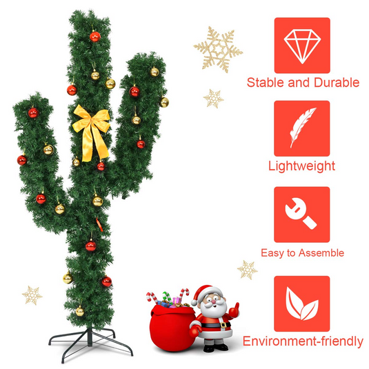 Goplus Pre-Lit Artificial Cactus Christmas Tree with LED Lights and Ball Ornaments - GoplusUS