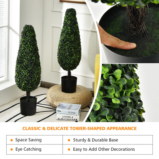 Goplus 3ft Artificial Boxwood Tower Topiary Trees, 2 Pack Faux Decorative Plants in Cement-Filled Plastic Pot - GoplusUS